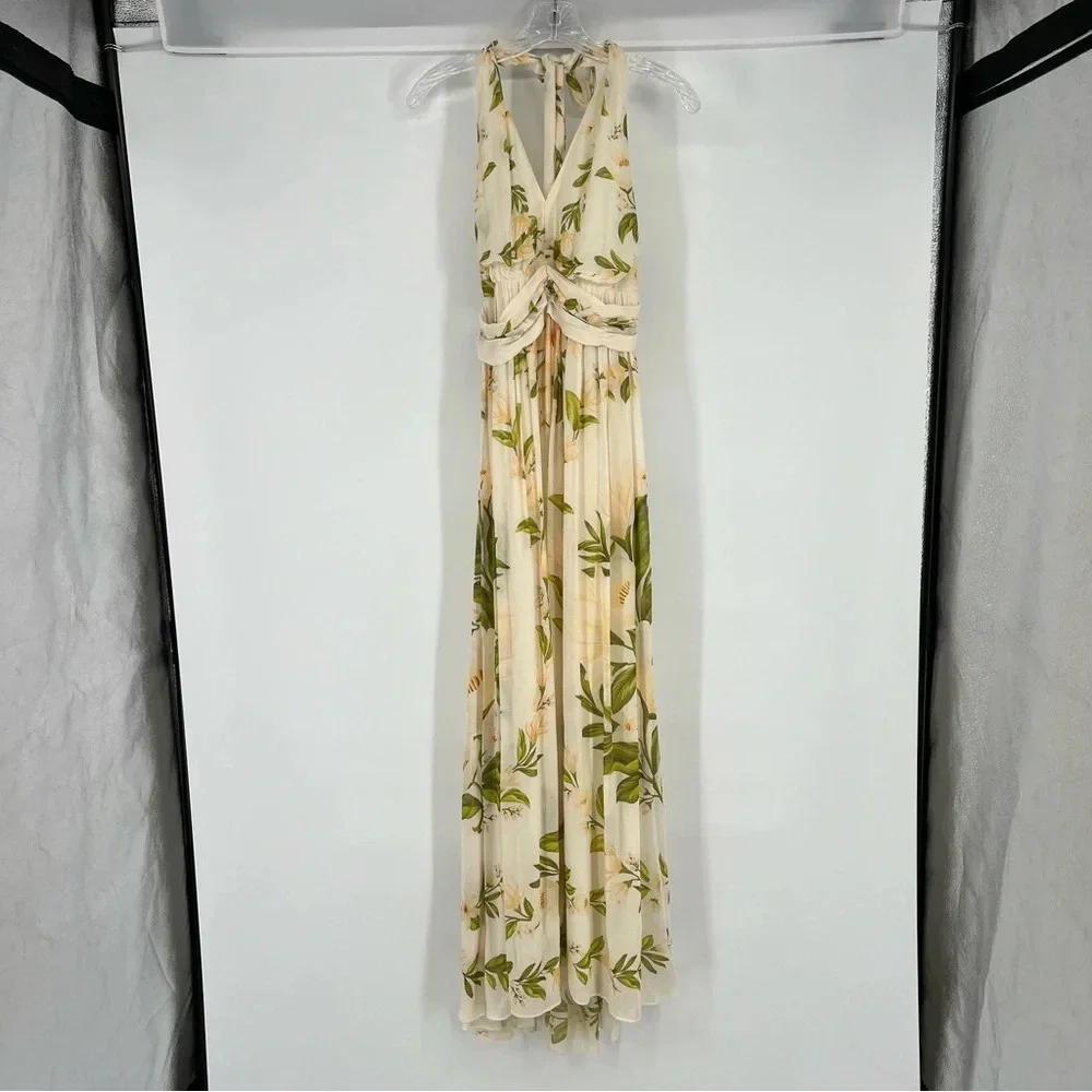 Farm Rio Cream Floral Boho V Neck Tie Back Adjustable Halter Maxi Dress Gown M - Picture 3 of 12